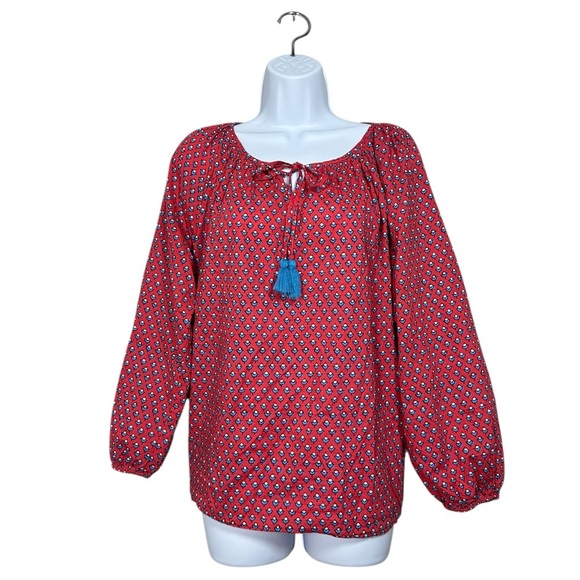 J. Crew Factory Womens Medium Red Floral Tassel Peasant Cotton Raglan Blouse - Picture 1 of 8